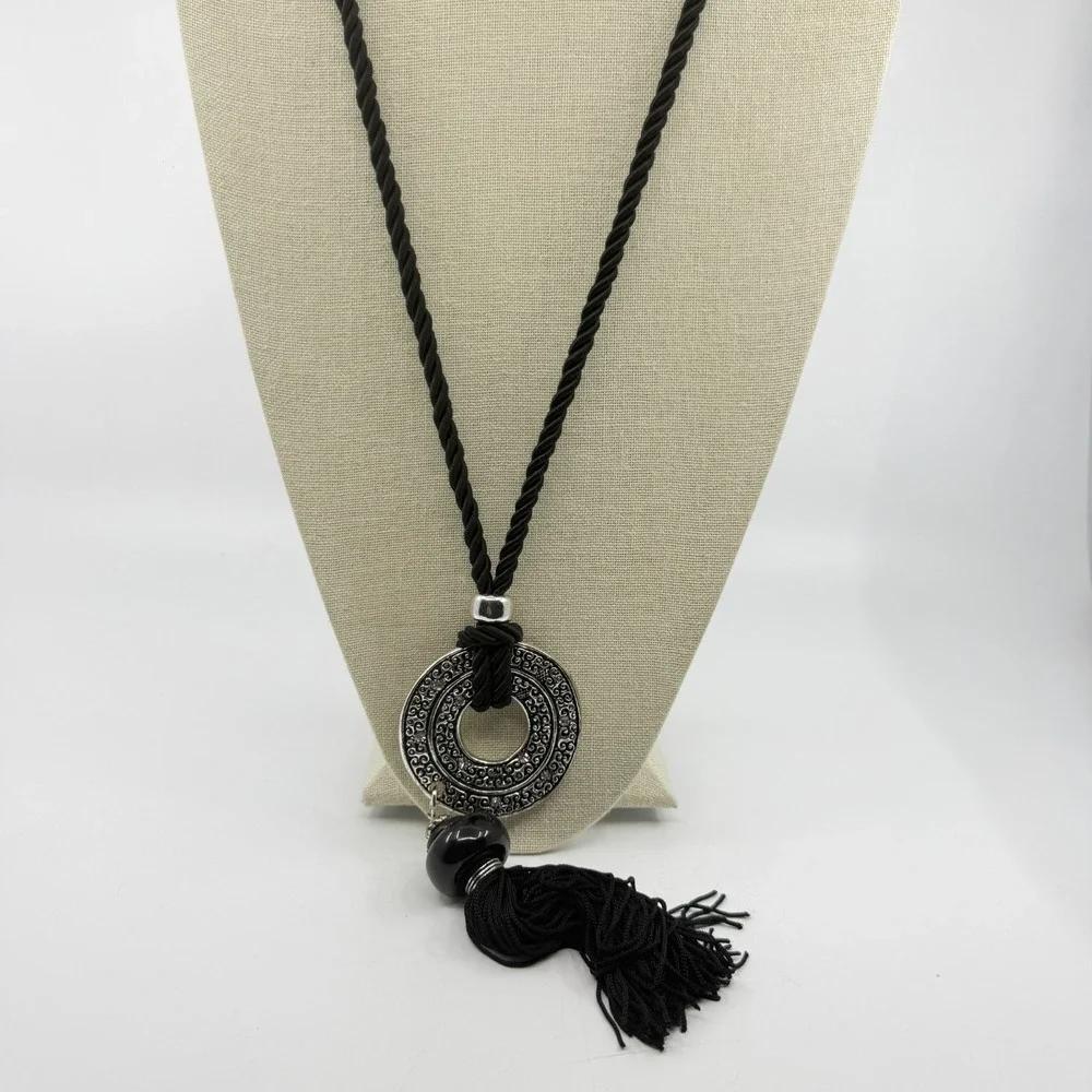 Necklace Vintage Black Cord Tassel Silver Tone Rhinestone Circle Pendant Boho